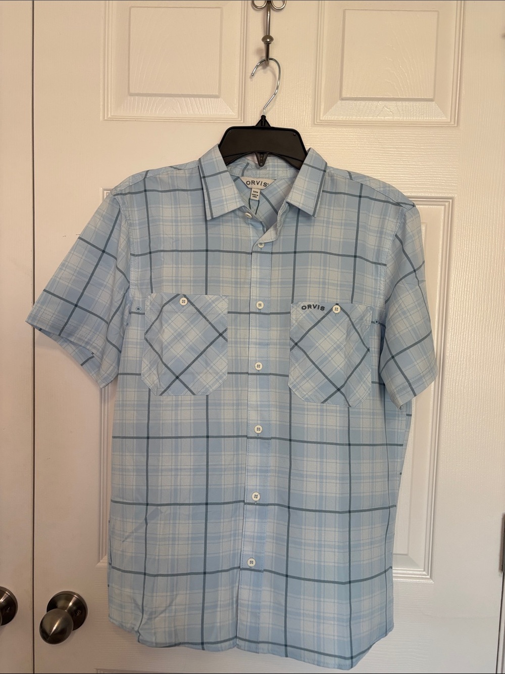 Orvis Light Blue and White Plaid Short-Sleeve Button-Down Shirt